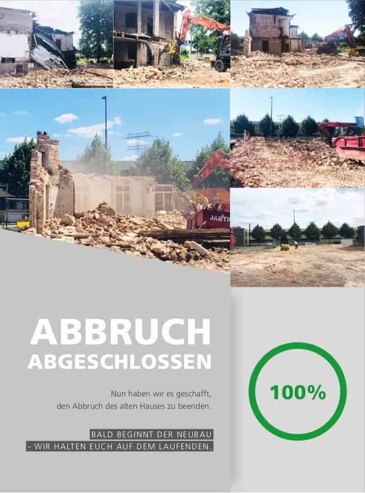 Nun haben wir es geschafft, den Abbruch des alten Hauses zu beenden. Bald beginnt der Neubau - wir halten euch auf dem Laufenden.