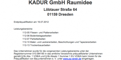 Wir wurden von der Zertifizierung Bau GmbH erneut für folgende Leistungsbereiche präqualifiziert: - Fliesen- und Plattenarbeiten - Bodenbelagsarbeiten - Parkettarbeiten - Maler- und Lackierarbeiten - Beschichtungen und Tapezierarbeiten - Trockenbauarbeiten